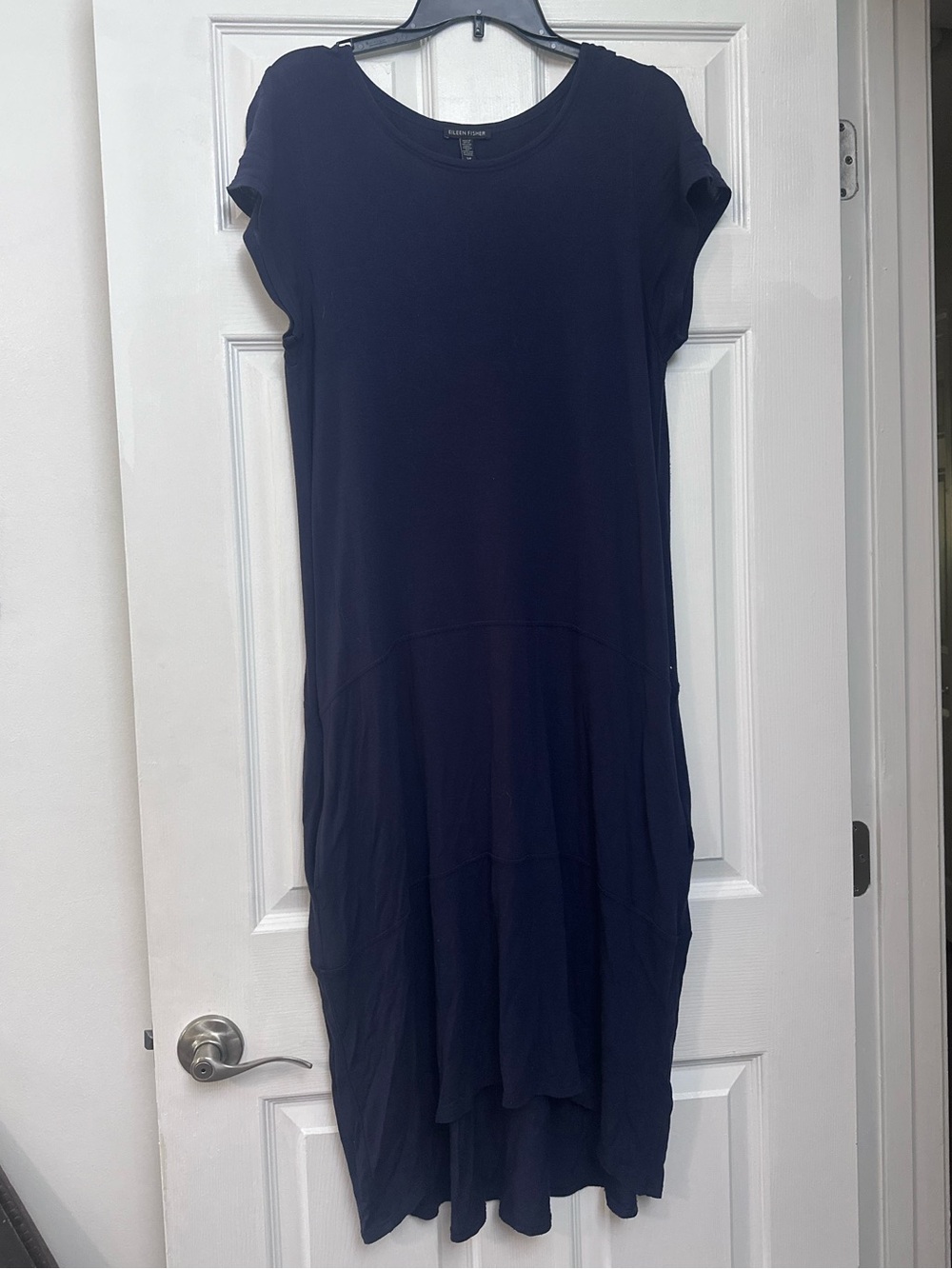 Eileen Fisher Stretch Dress Size Small Pockets Navy Blue Cap Sleeve